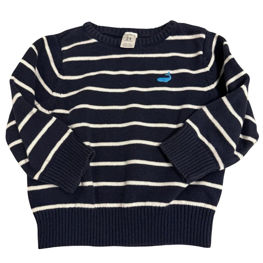 Carter's Knit Sweater Kids 24M Navy Blue White Striped Whale Pullover‎ Nautical